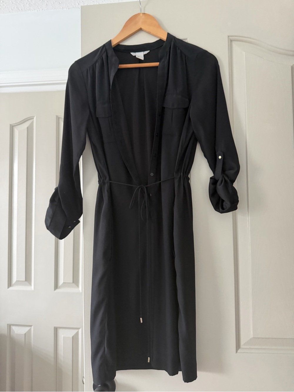 H&M Black Midi Shirt Dress with Waist Tie